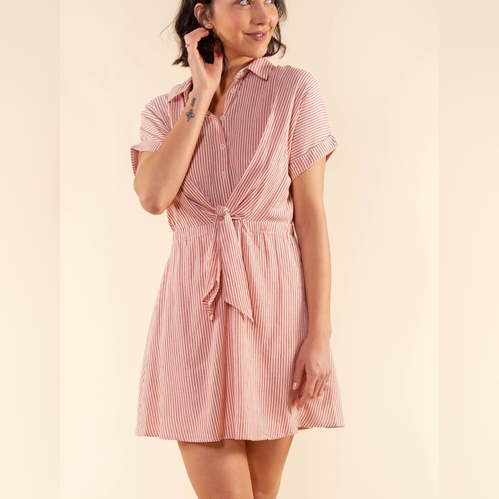 Y Coo Parisian brand red striped linen dress with button up and tie front